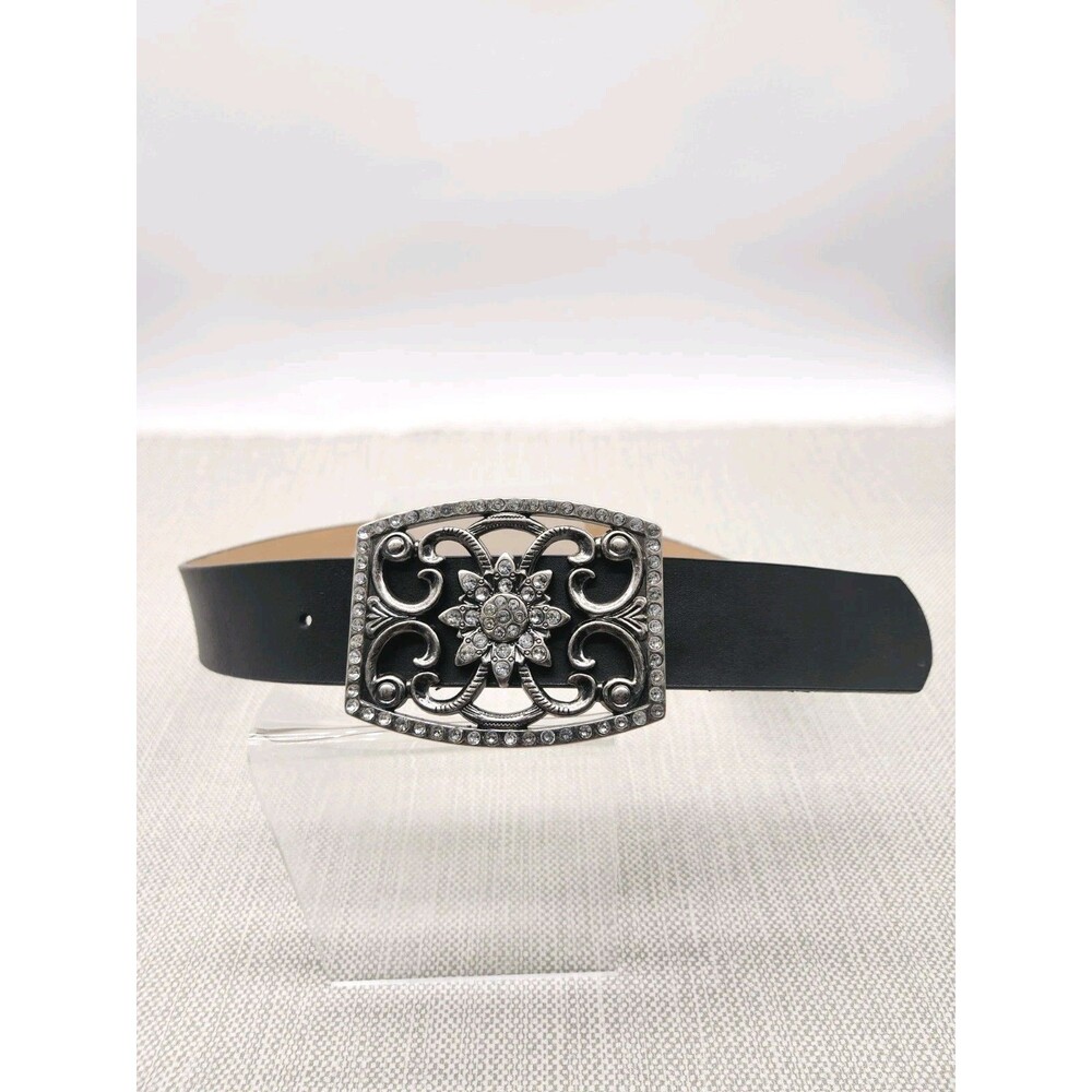 White House Black Market S/M Belt Black Leather Boho Hippie Embellished Jeweled